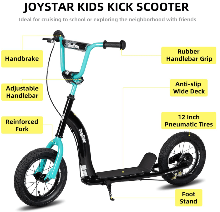 JOYSTAR Conway Kids Kick Scooter – 12″ Inflatable Wheels & Adjustable Handlebar - TINY WHISPERS