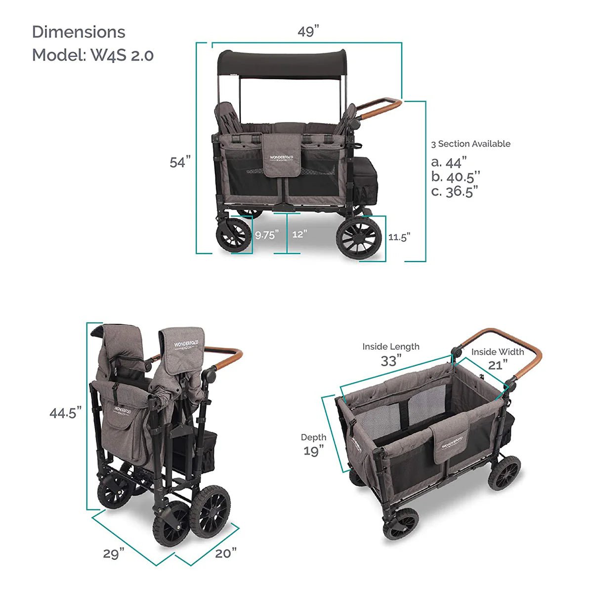 W4 Luxe Multifunctional Quad (4 Seater) Stroller Wagon - Charcoal Gray/Black Frame - TINY WHISPERS