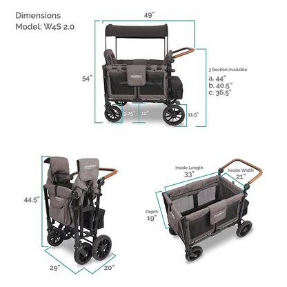 W4 Luxe Multifunctional Quad (4 Seater) Stroller Wagon - Charcoal Gray/Black Frame - TINY WHISPERS